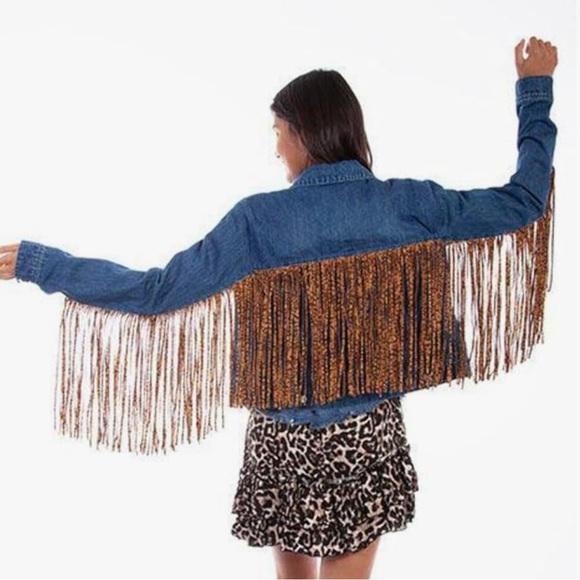 Scully Jackets & Blazers - Women’s denim Jean jacket with leopard Fringe on the arms and across the back